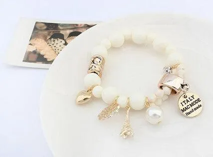 New Arrival Fashion Wrap Cuff Charms Crystal simulated Pearl Beads Hearts Elastic Force Bracelet