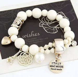 New Arrival Fashion Wrap Cuff Charms Crystal simulated Pearl Beads Hearts Elastic Force Bracelet