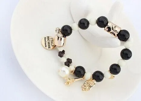 New Arrival Fashion Wrap Cuff Charms Crystal simulated Pearl Beads Hearts Elastic Force Bracelet