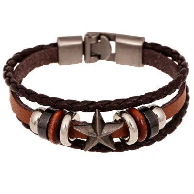 New Fashion Genuine Leather Wrap Bracelets Men Black Cowhide Braided Bracelets Bangles