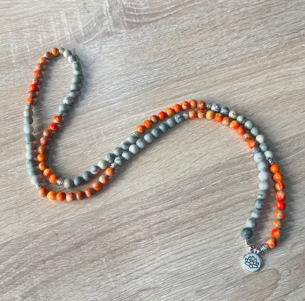 NEW Mala Bead 108 Bracelet, Orange Jasper Bracelet, Soul Healing Yoga Jewelry, Tibetan Lotus Bracelet, Harmony and Calm Bracelet, Prayer Gift, Retails $55