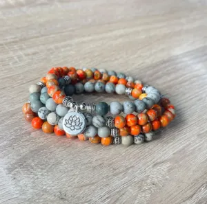 NEW Mala Bead 108 Bracelet, Orange Jasper Bracelet, Soul Healing Yoga Jewelry, Tibetan Lotus Bracelet, Harmony and Calm Bracelet, Prayer Gift, Retails $55