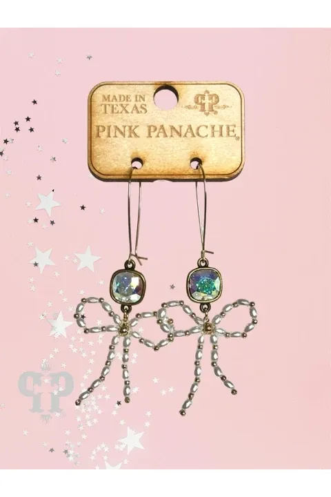 Pink Panache Pearl Bead Bow Dangle Earrings In Gold With Austrian Crystal