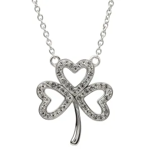 Platinum Plated Open Shamrock necklace With Clear Crystal