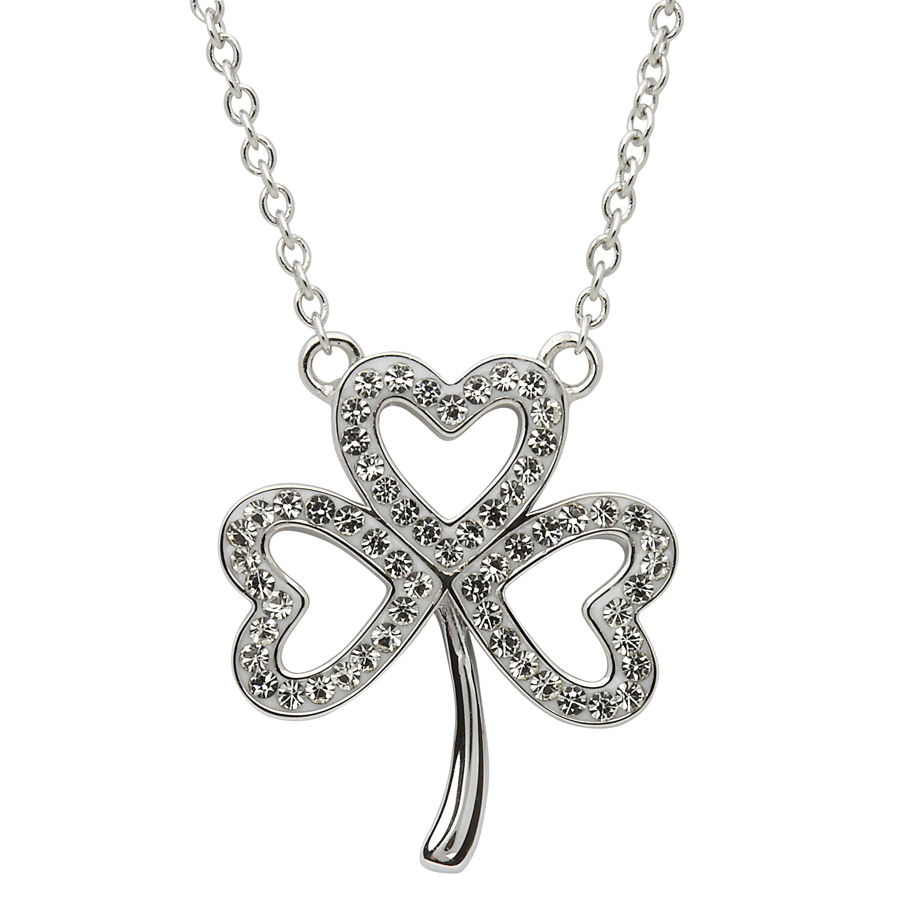 Platinum Plated Open Shamrock necklace With Clear Crystal