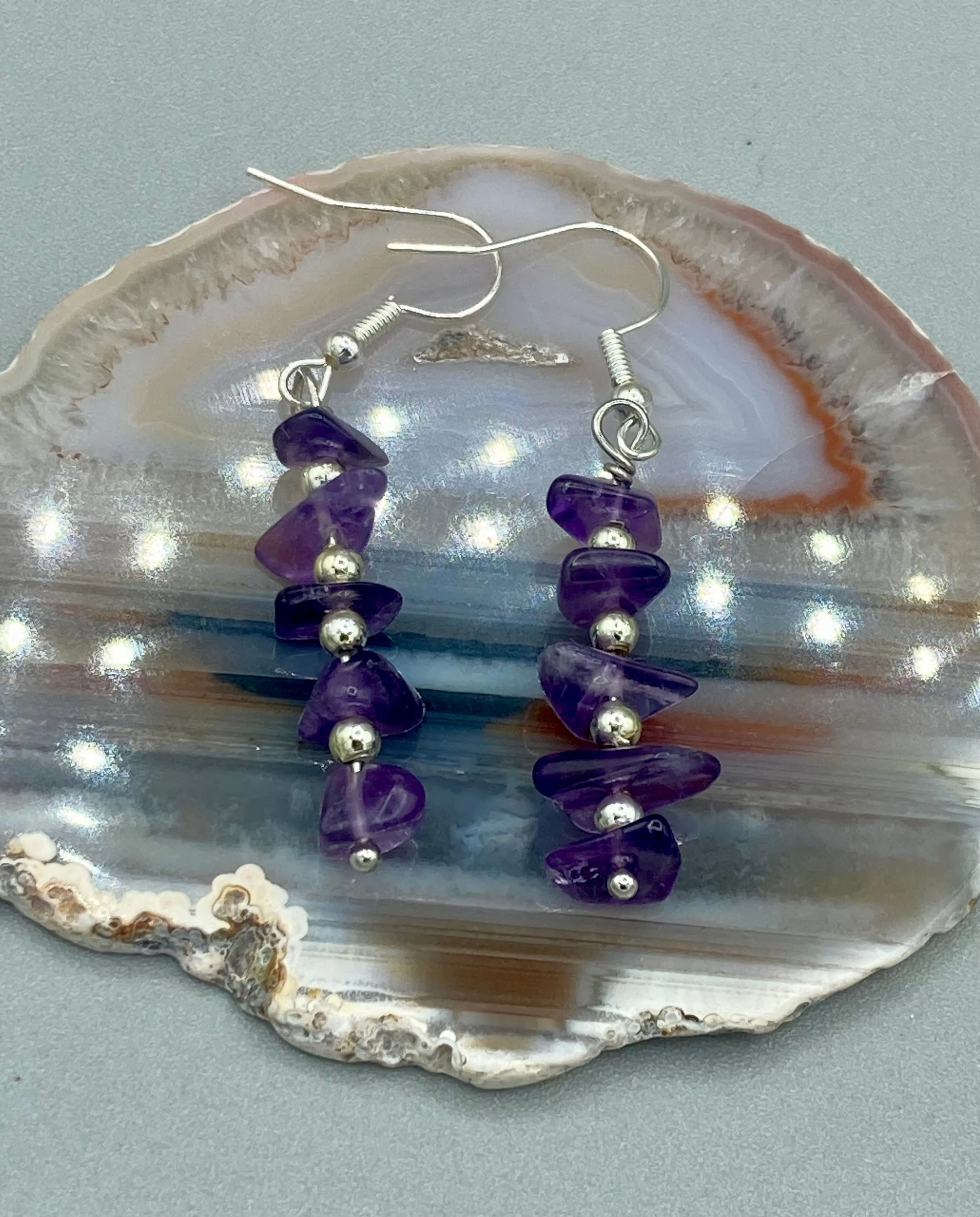 Purple Amethyst Stone Chip Beaded Earrings, Hippie Vibe, Shabby Chic, Boho Chic, Nature Inspired, Bohemian