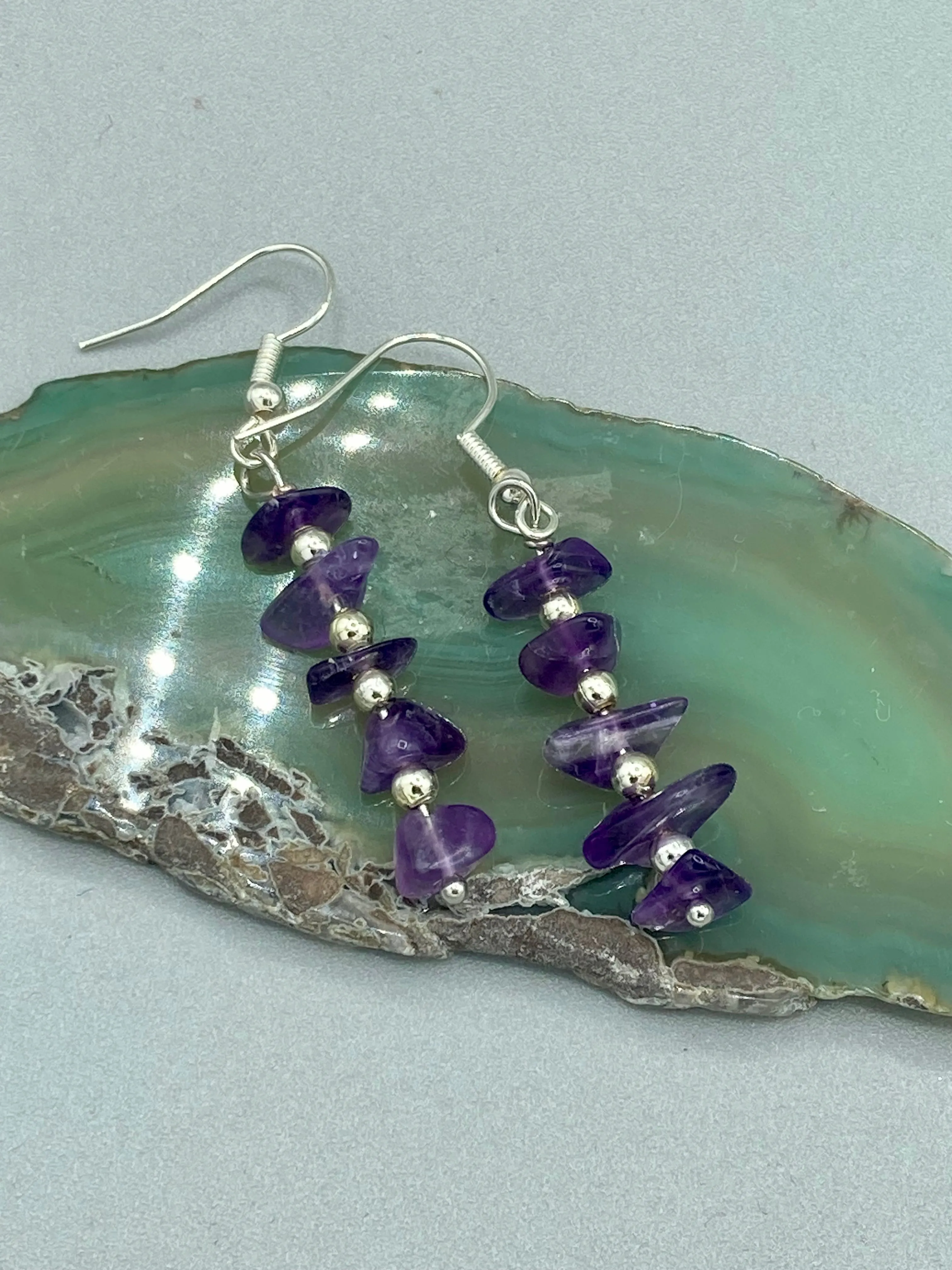 Purple Amethyst Stone Chip Beaded Earrings, Hippie Vibe, Shabby Chic, Boho Chic, Nature Inspired, Bohemian