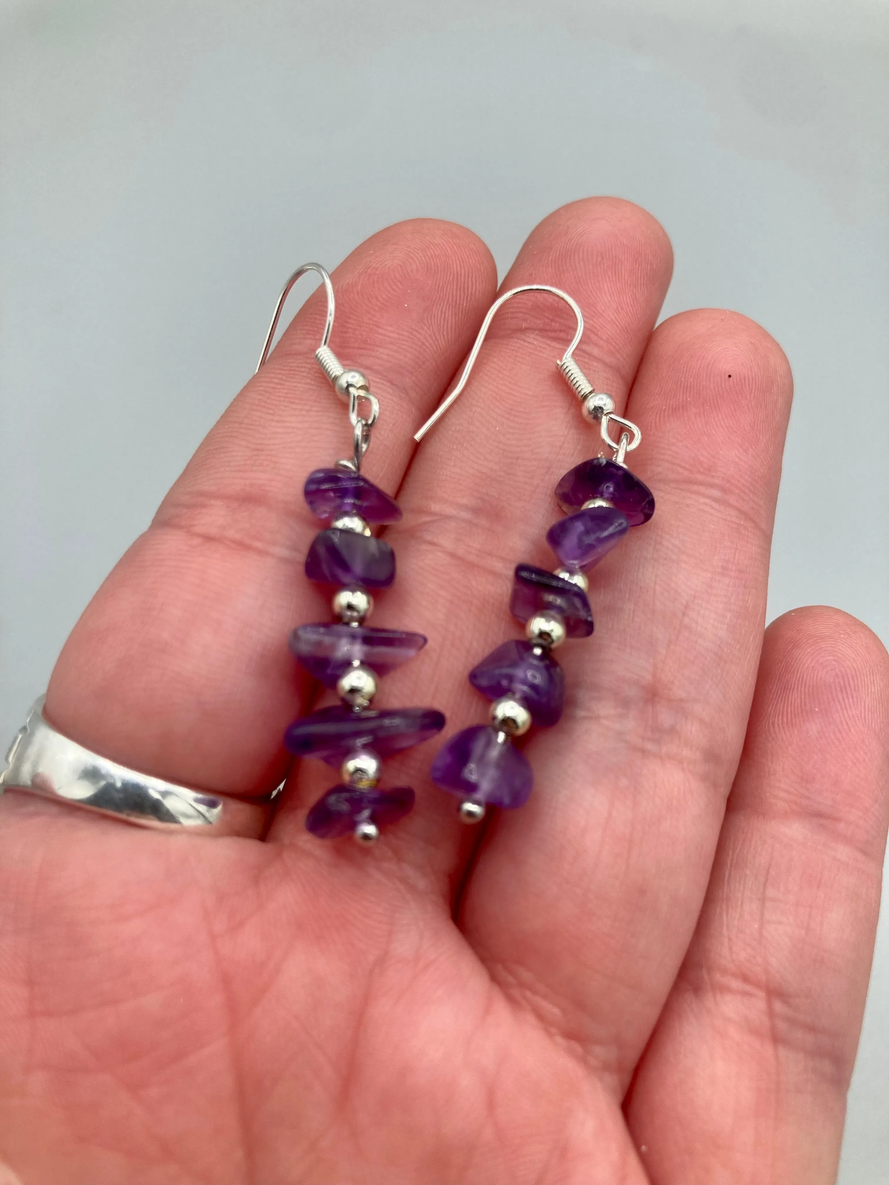 Purple Amethyst Stone Chip Beaded Earrings, Hippie Vibe, Shabby Chic, Boho Chic, Nature Inspired, Bohemian
