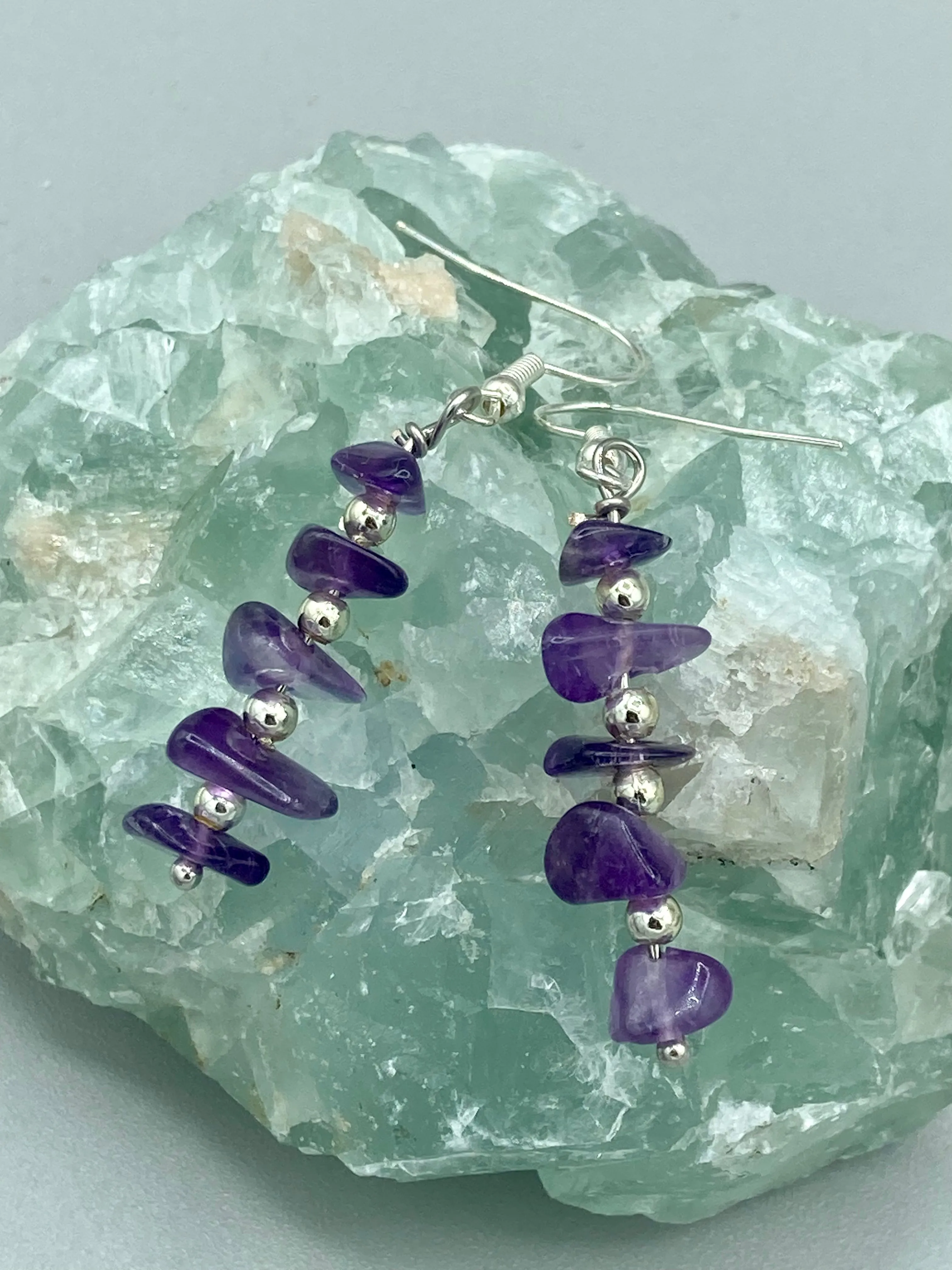 Purple Amethyst Stone Chip Beaded Earrings, Hippie Vibe, Shabby Chic, Boho Chic, Nature Inspired, Bohemian