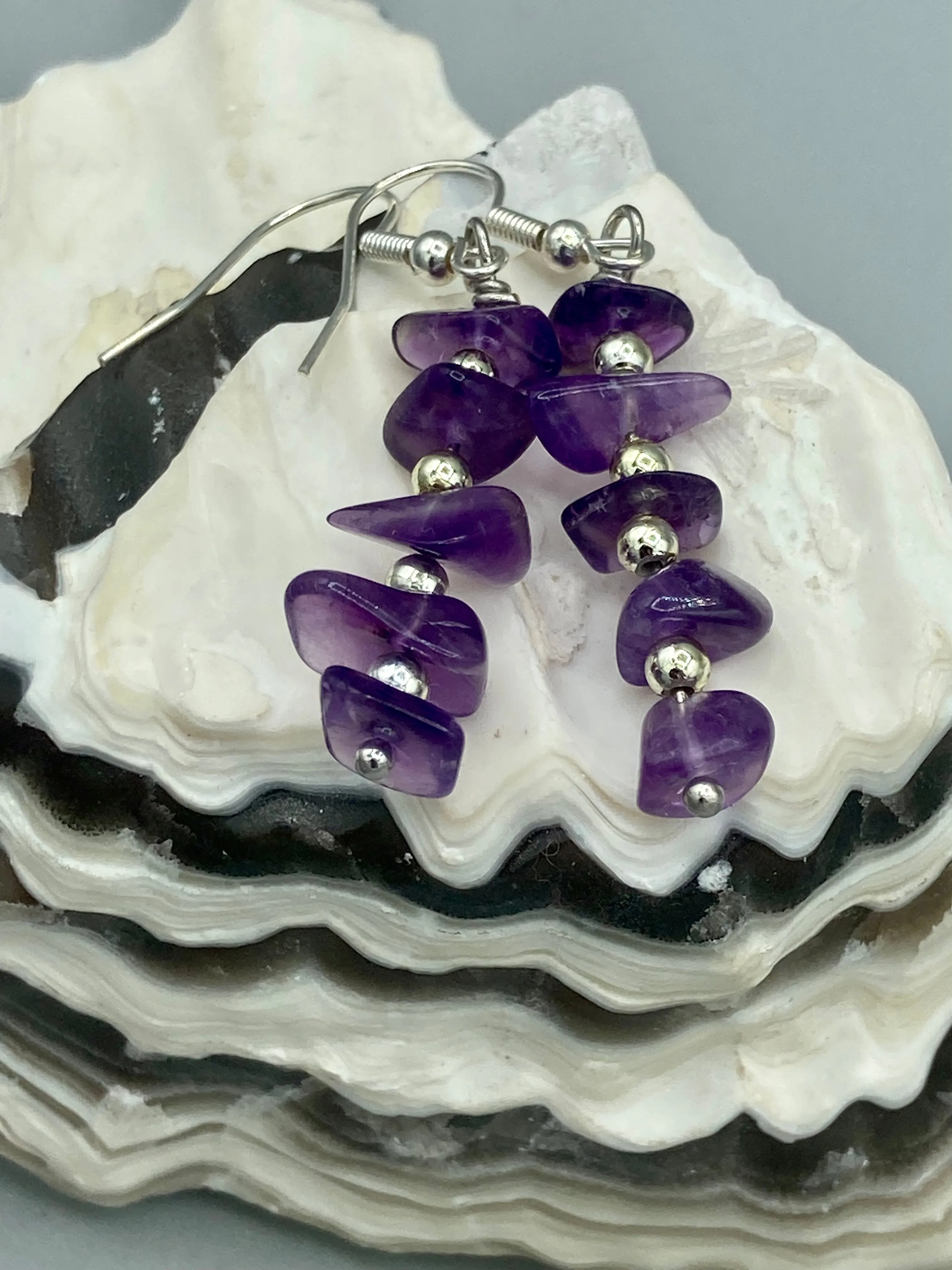 Purple Amethyst Stone Chip Beaded Earrings, Hippie Vibe, Shabby Chic, Boho Chic, Nature Inspired, Bohemian