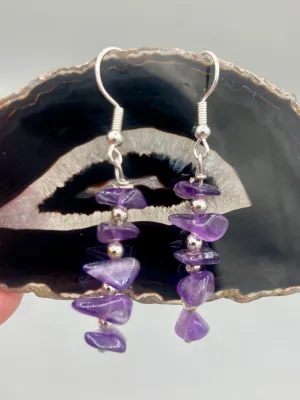 Purple Amethyst Stone Chip Beaded Earrings, Hippie Vibe, Shabby Chic, Boho Chic, Nature Inspired, Bohemian