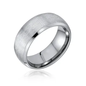 Religious Ichthys Jesus Fish Tungsten Wedding Band Cross Ring for Men Matte Silver