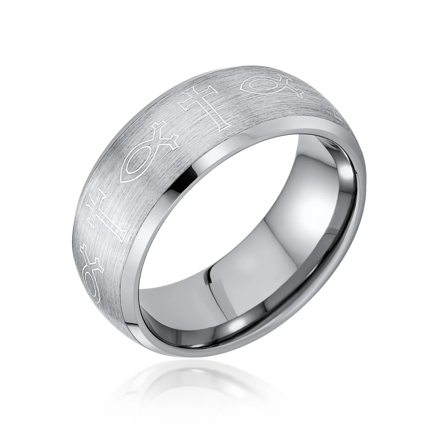 Religious Ichthys Jesus Fish Tungsten Wedding Band Cross Ring for Men Matte Silver