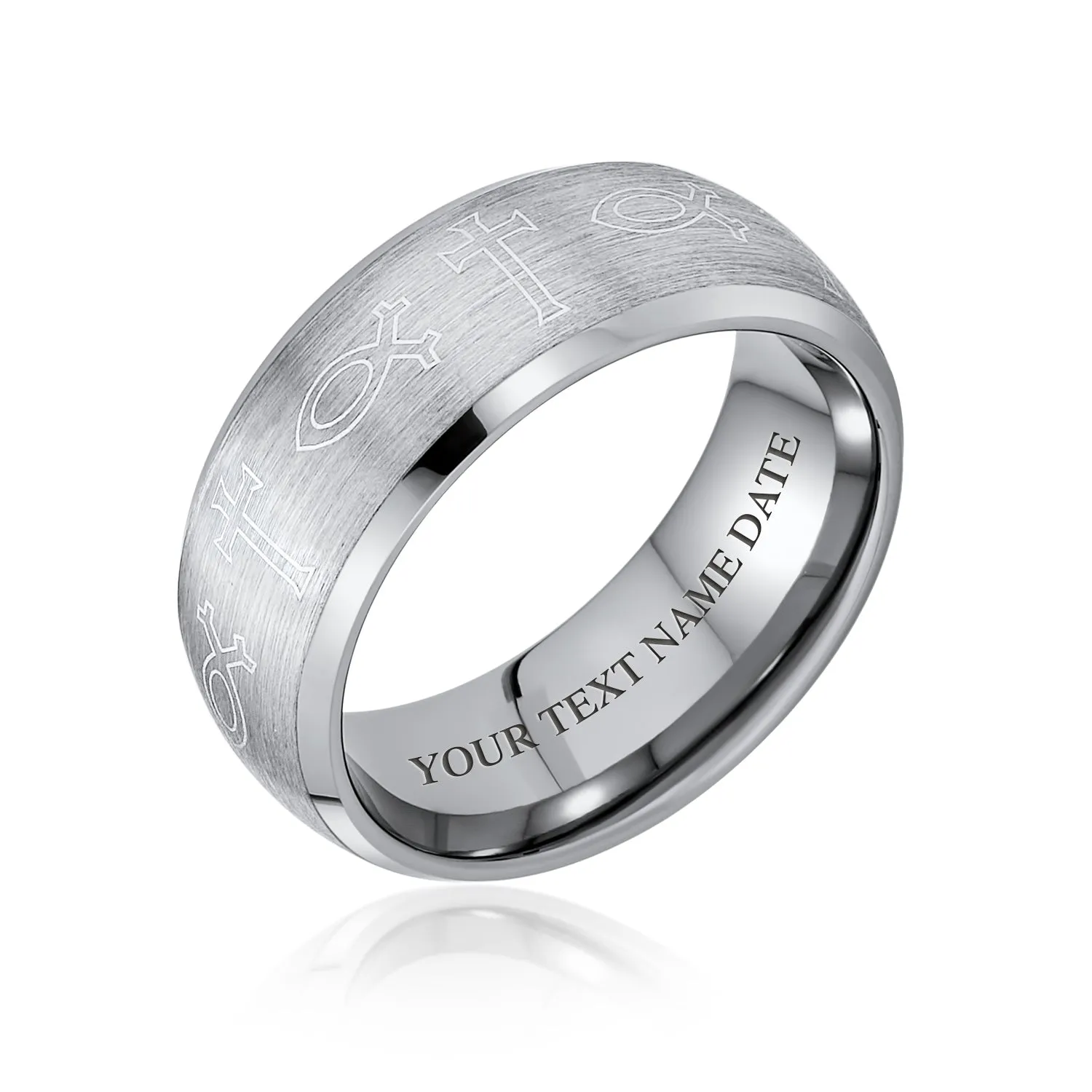 Religious Ichthys Jesus Fish Tungsten Wedding Band Cross Ring for Men Matte Silver