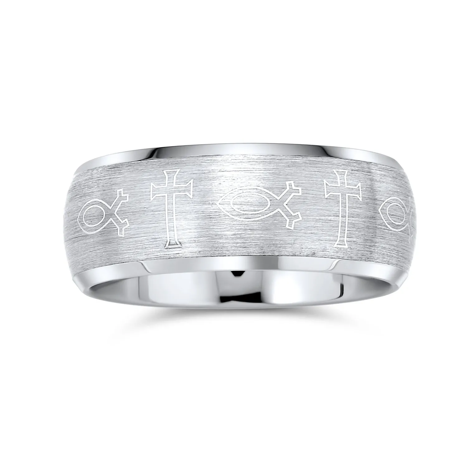 Religious Ichthys Jesus Fish Tungsten Wedding Band Cross Ring for Men Matte Silver