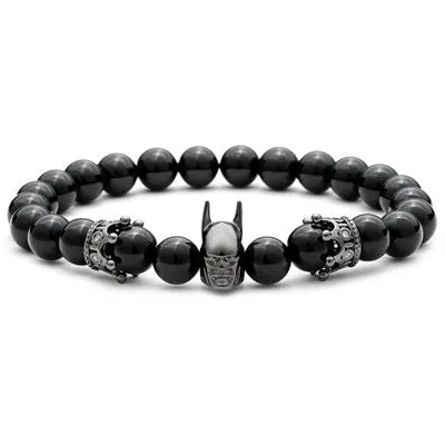 Roman Knight Batman & Crown Bracelet Men Black Nature Agate Stone Bead Bracelets For Men Jewelry Bangle
