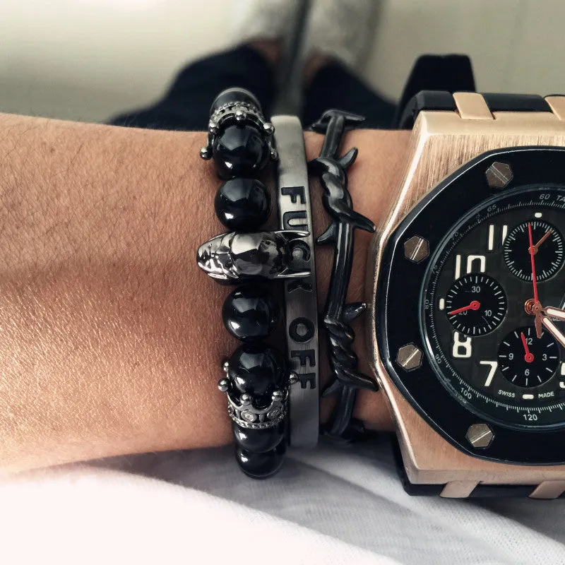 Roman Knight Batman & Crown Bracelet Men Black Nature Agate Stone Bead Bracelets For Men Jewelry Bangle