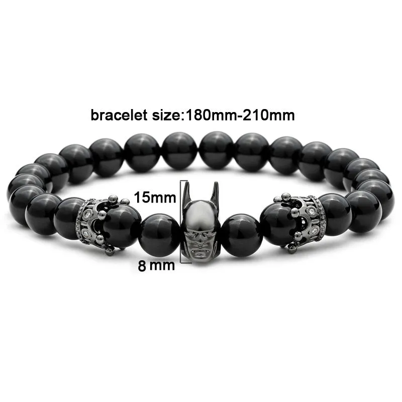 Roman Knight Batman & Crown Bracelet Men Black Nature Agate Stone Bead Bracelets For Men Jewelry Bangle
