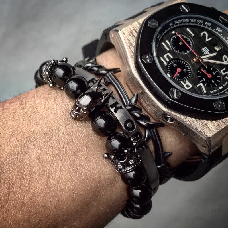 Roman Knight Batman & Crown Bracelet Men Black Nature Agate Stone Bead Bracelets For Men Jewelry Bangle