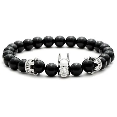 Roman Knight Batman & Crown Bracelet Men Black Nature Agate Stone Bead Bracelets For Men Jewelry Bangle