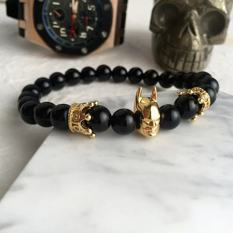 Roman Knight Batman & Crown Bracelet Men Black Nature Agate Stone Bead Bracelets For Men Jewelry Bangle