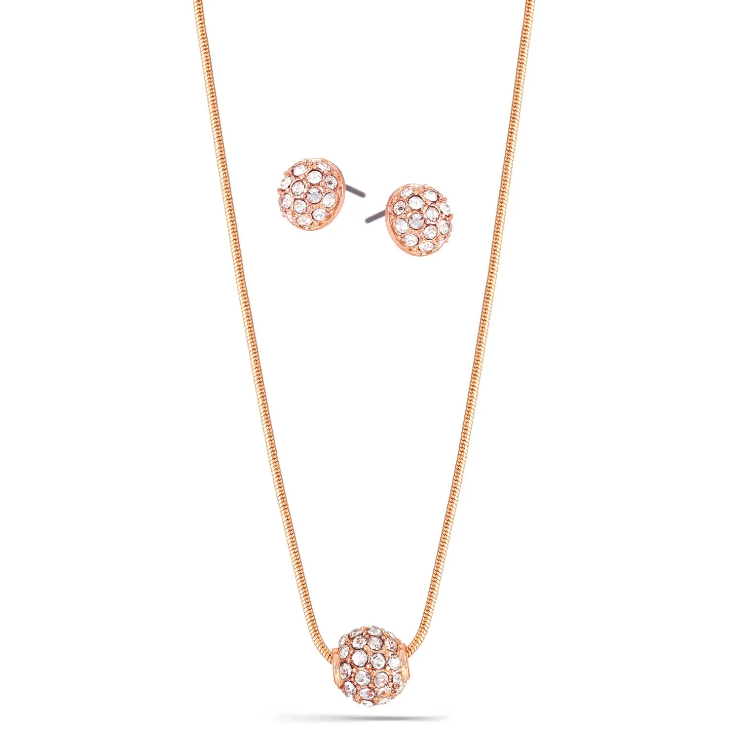 Rose Gold Pave Crystal Ball Pendant Necklace And Earrings Set #HNN E3155 ROSE (RC18)