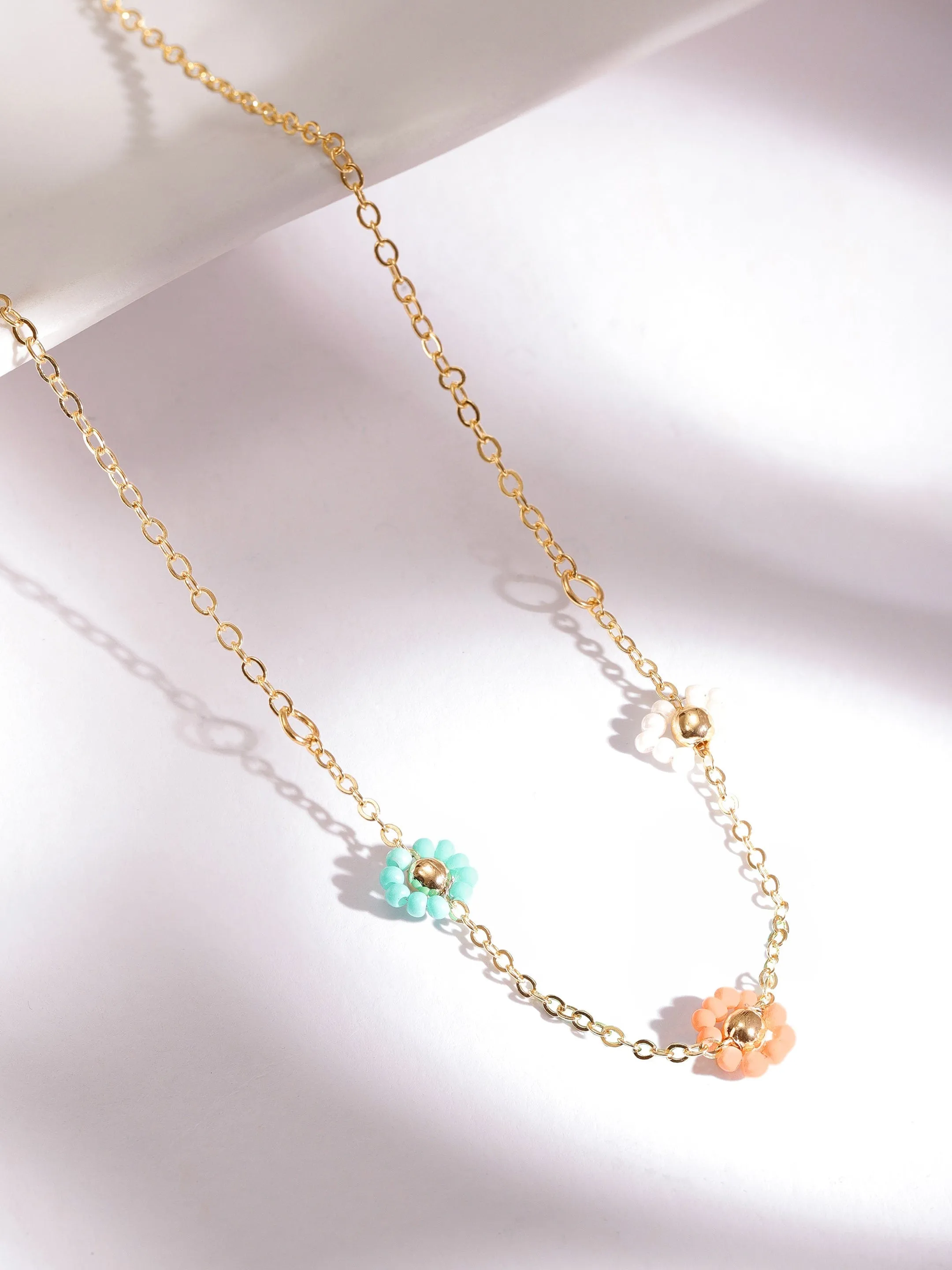 Rubans Voguish 18K Gold Plated Multicolour Floral Beaded Triple Layered Necklace