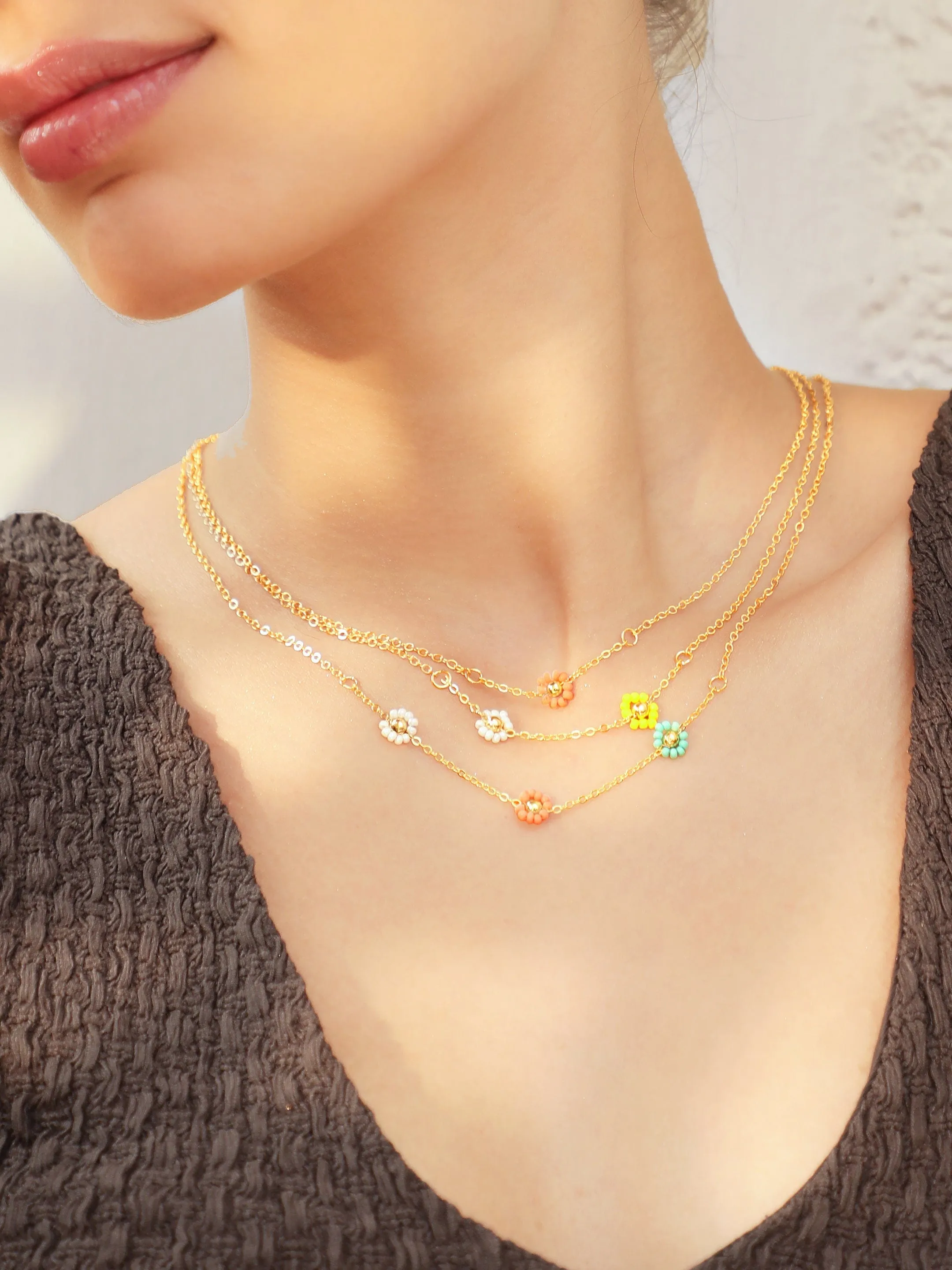 Rubans Voguish 18K Gold Plated Multicolour Floral Beaded Triple Layered Necklace