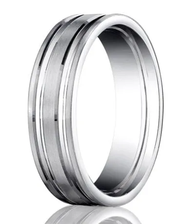 Satin-Finished 10K White Gold Designer Wedding Band with Polished Grooves | 6mm