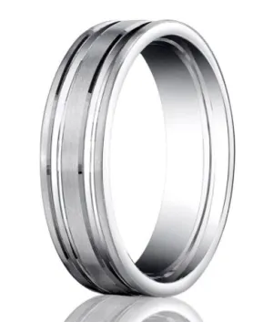 Satin-Finished 10K White Gold Designer Wedding Band with Polished Grooves | 6mm