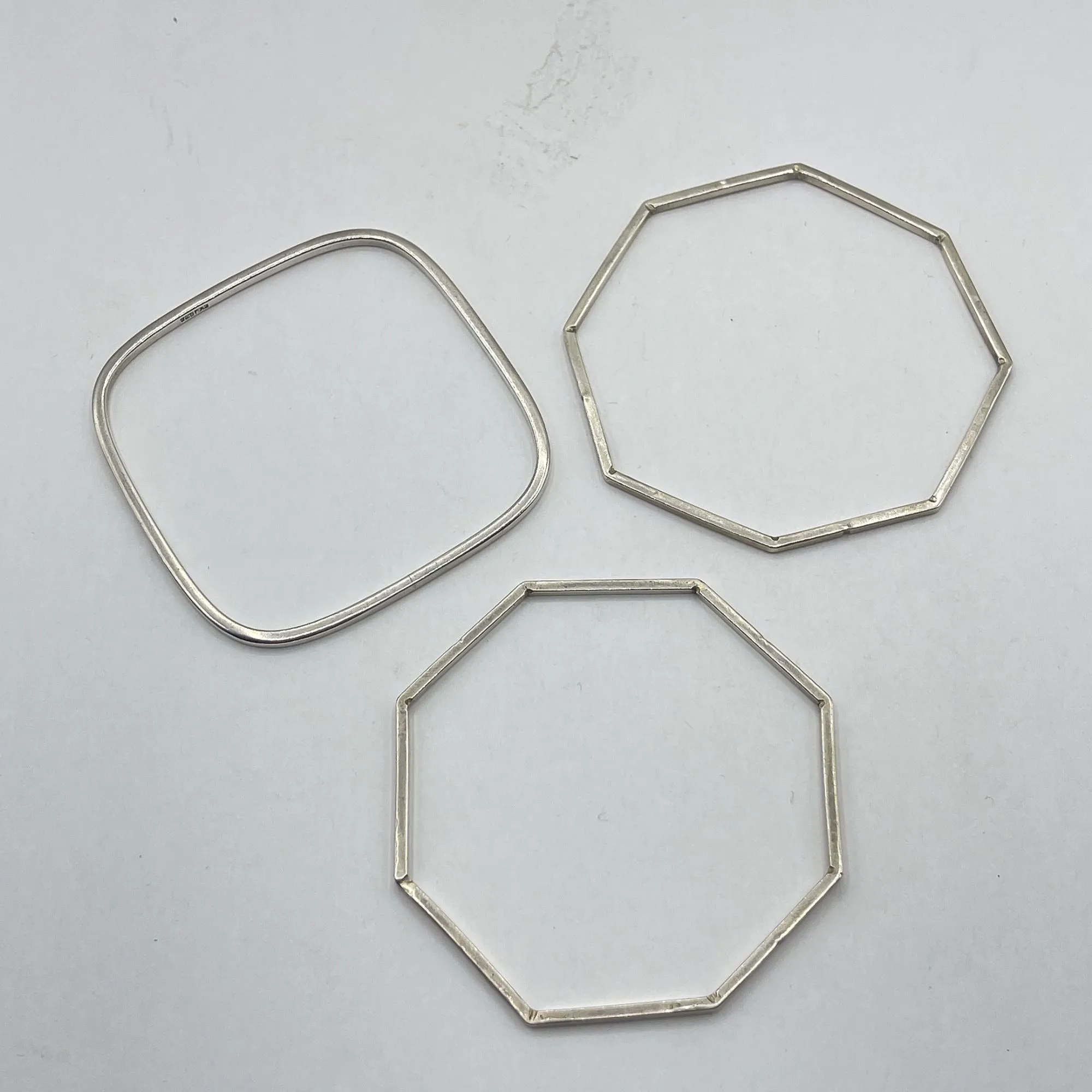 Set Of 3 Geometric 925 Sterling Silver Bangle Bracelets