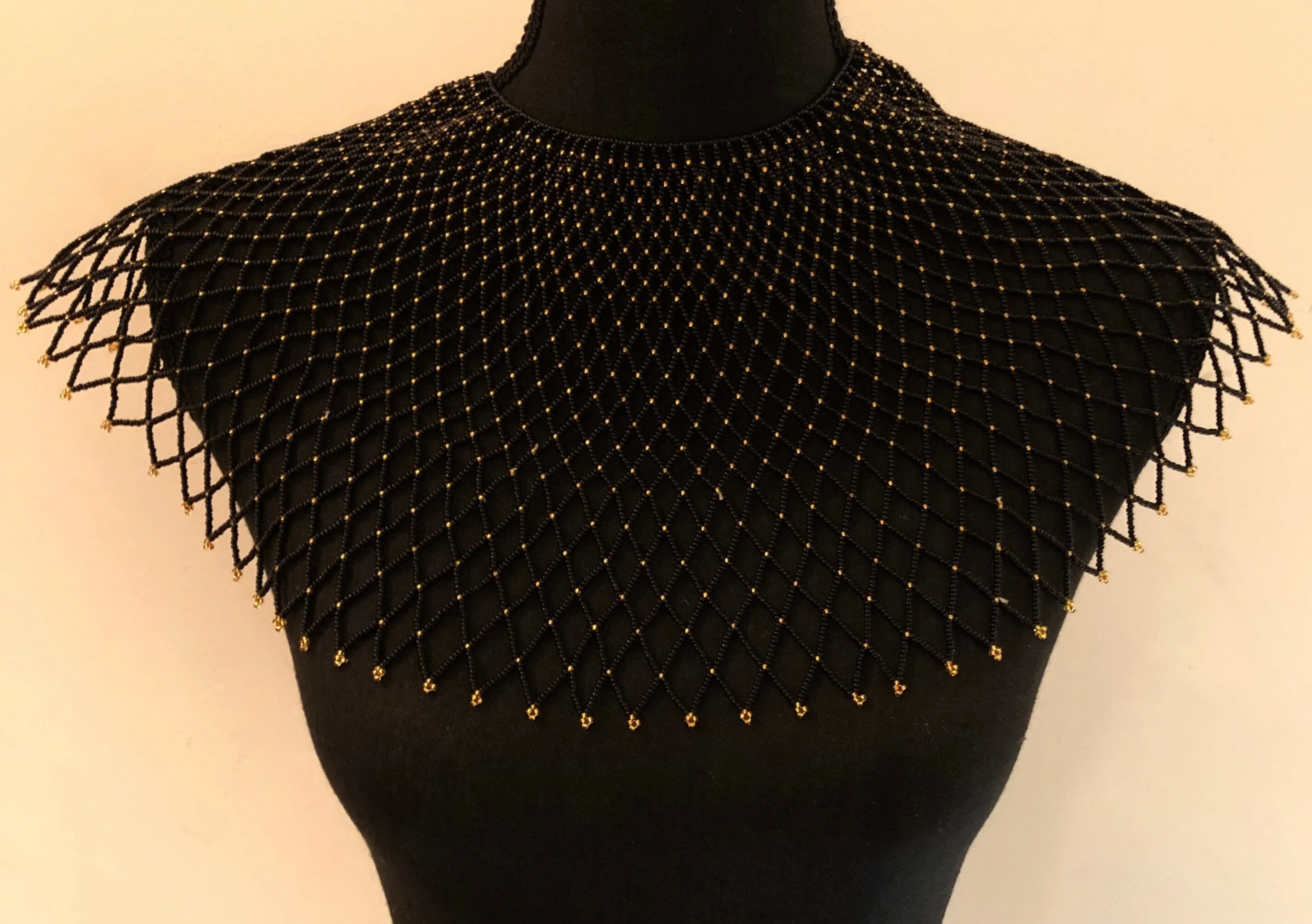 Sheba Shoulder Necklace, Black and Gold | Handcrafted African Beaded Shoulder Necklace | Tribal & Ethnic | Afrocentric