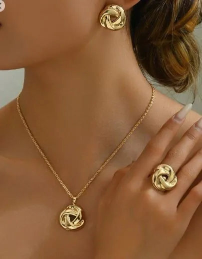 Shein Set Of Elegant Metal Twisted Flower Pendant Earrings, Necklaces & Ring /