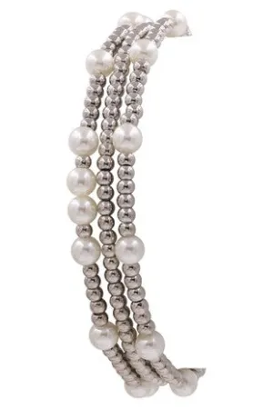 Silver Beaded and Pearl Stretch Bracelet Set