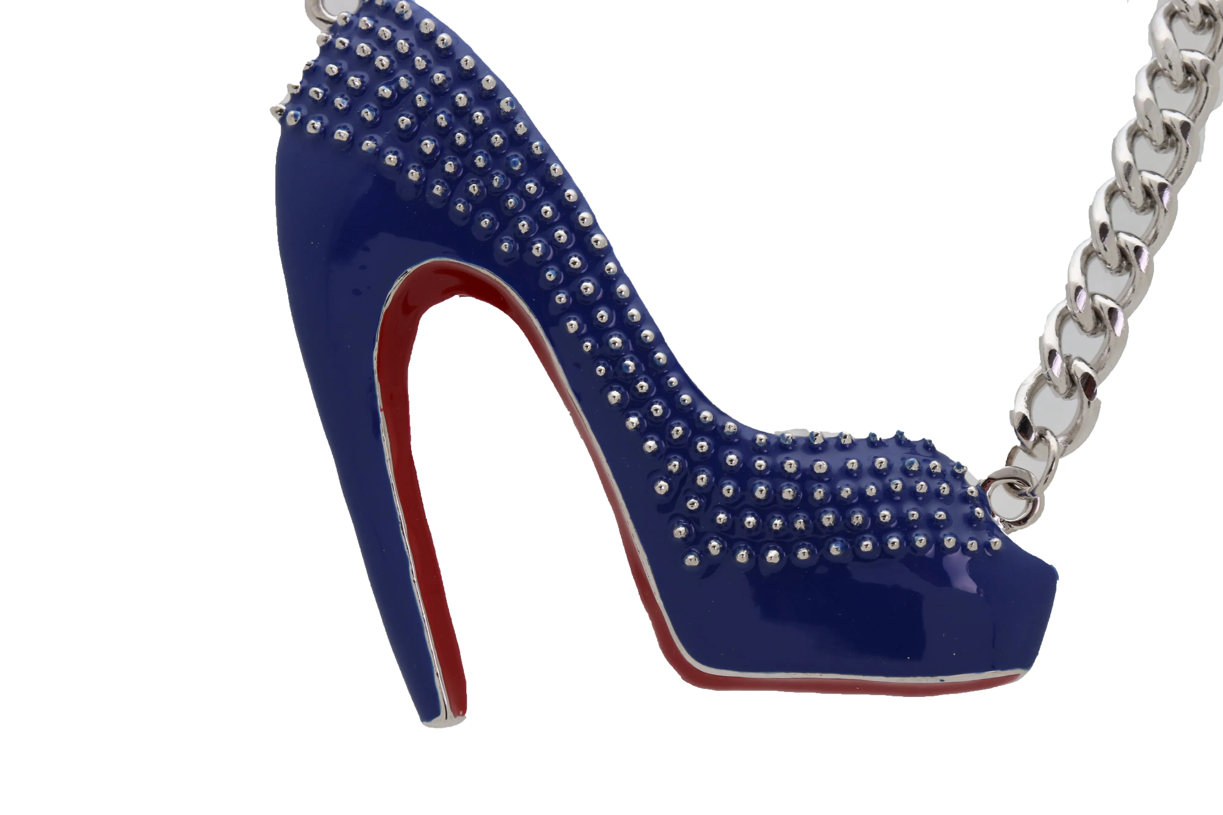 Silver Metal Chain Necklace Blue Heel Pump Shoe Pendant