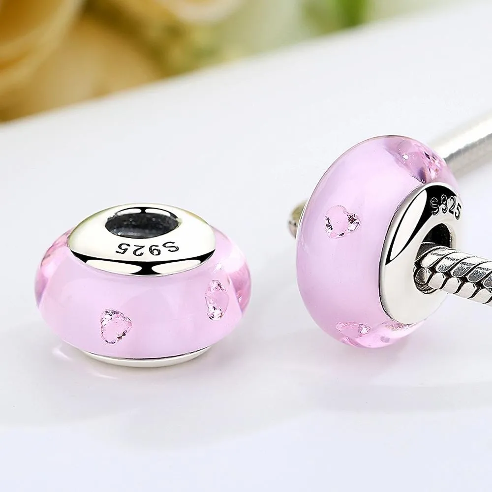 Solid 925 Sterling Silver Light Pink Bubbles Inclusion Murano Glass Charm