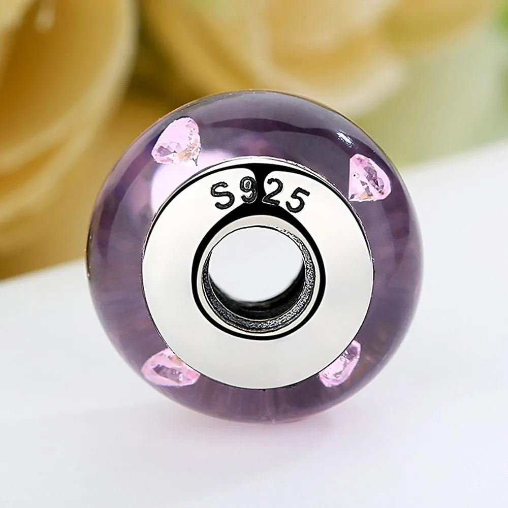 Solid 925 Sterling Silver Light Pink Bubbles Inclusion Murano Glass Charm