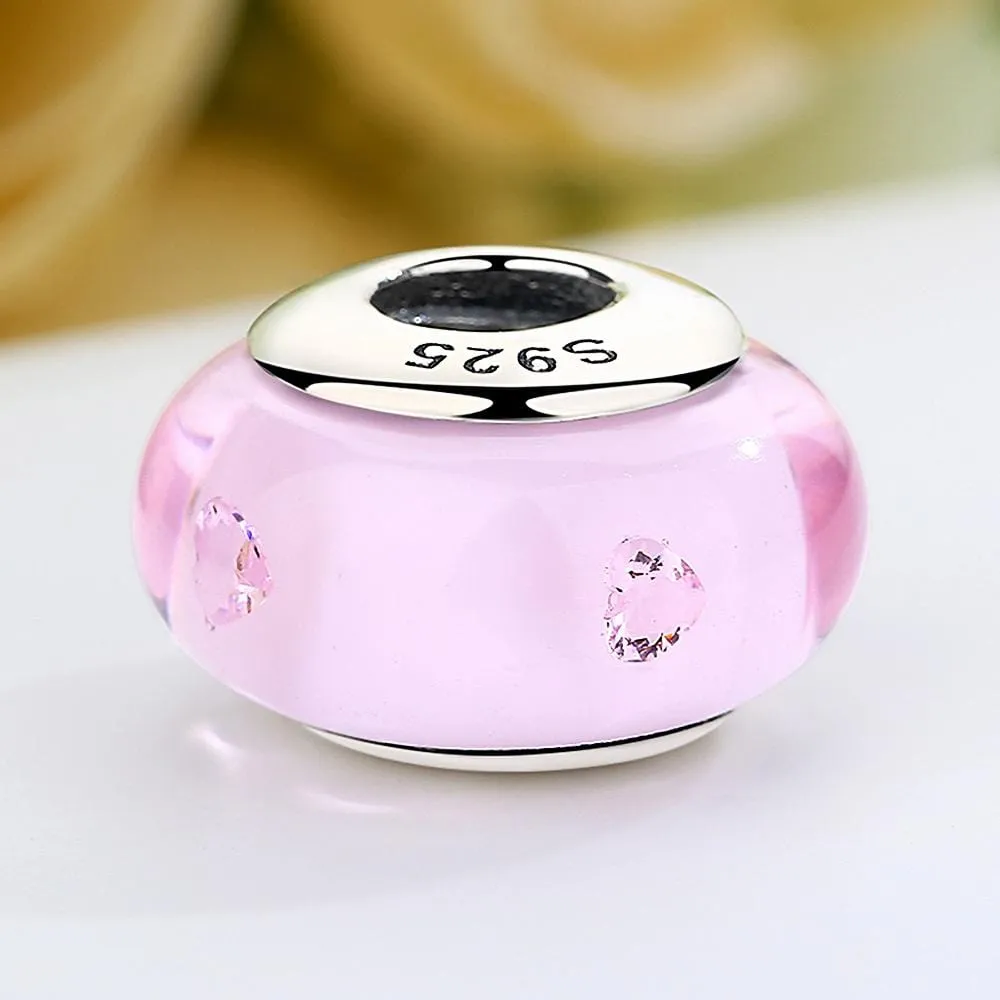 Solid 925 Sterling Silver Light Pink Bubbles Inclusion Murano Glass Charm