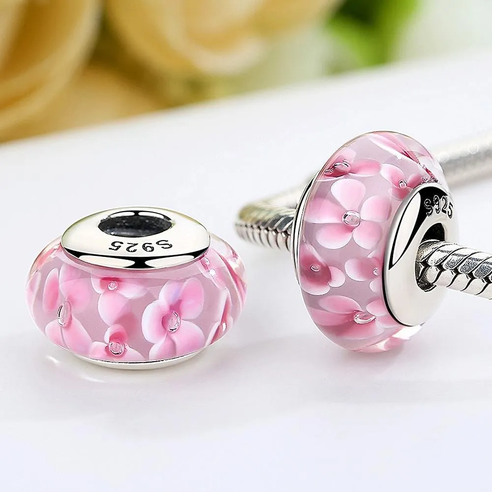 Solid 925 Sterling Silver Peach Blossom Inclusion Murano Glass Charm