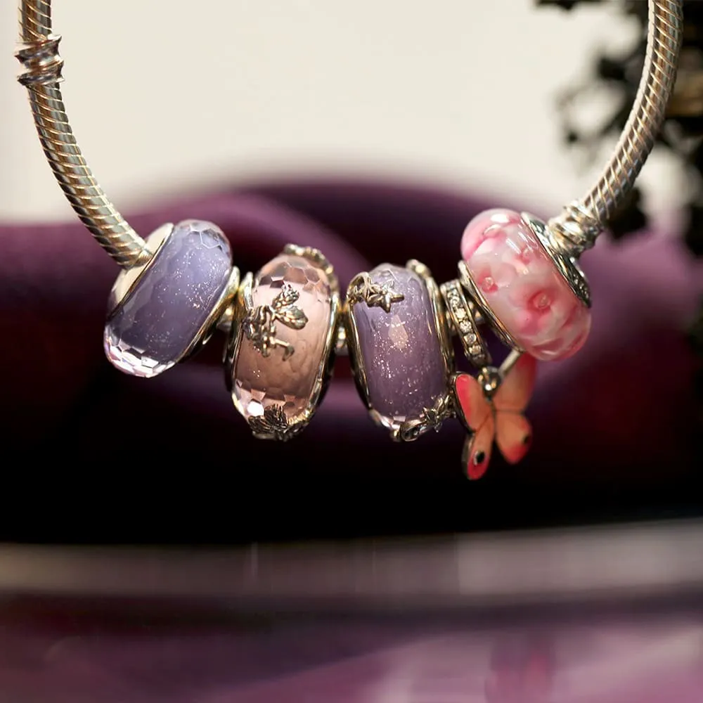 Solid 925 Sterling Silver Peach Blossom Inclusion Murano Glass Charm