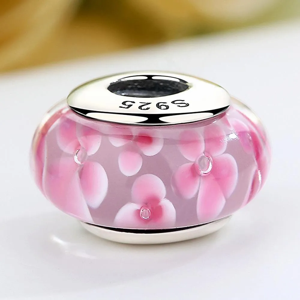 Solid 925 Sterling Silver Peach Blossom Inclusion Murano Glass Charm