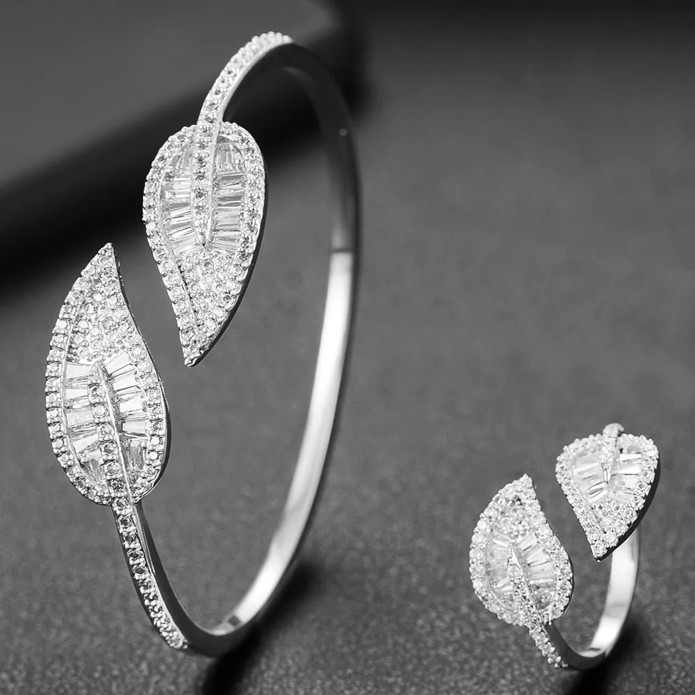 Sparkling Leaf Inspired Adjustable Bangle Ring, Bracelet or Necklace Sets