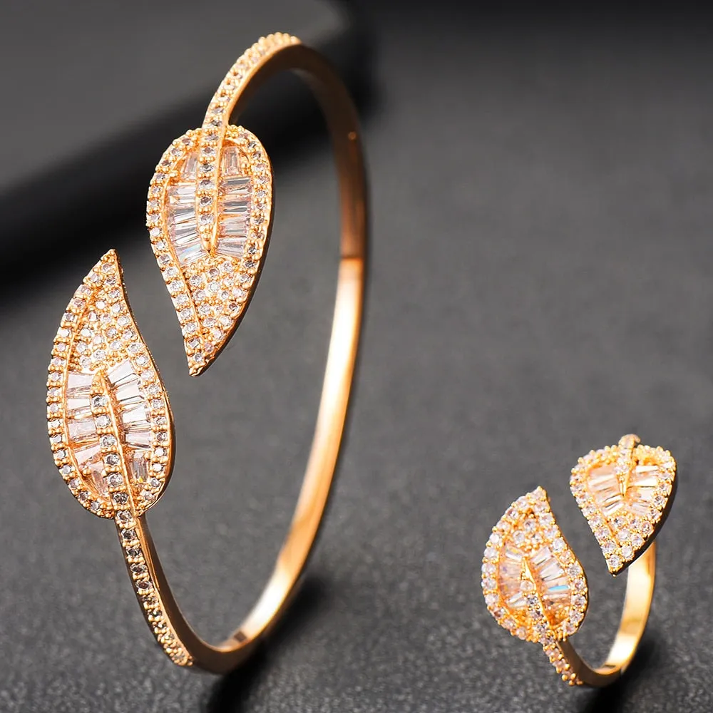 Sparkling Leaf Inspired Adjustable Bangle Ring, Bracelet or Necklace Sets