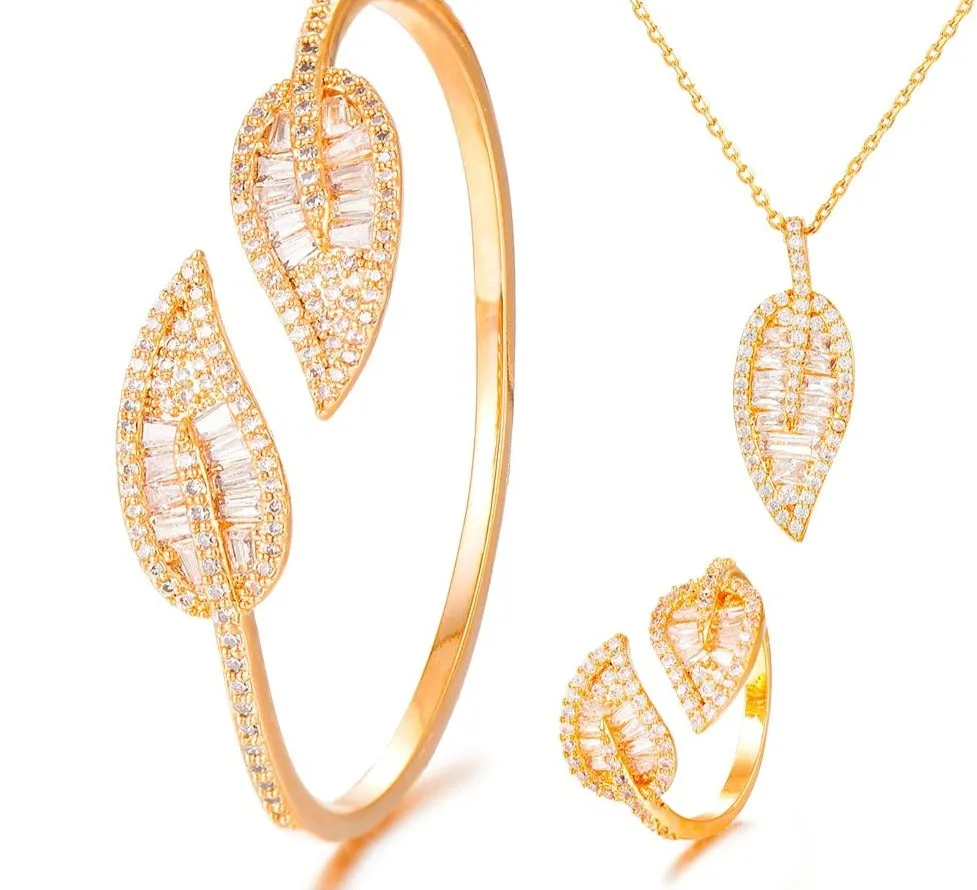 Sparkling Leaf Inspired Adjustable Bangle Ring, Bracelet or Necklace Sets