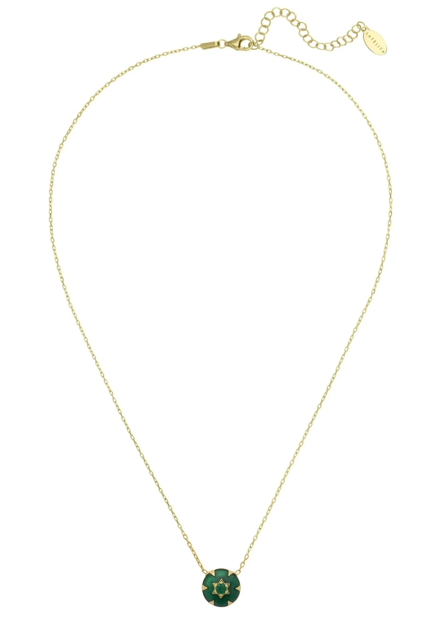 Star of David Pendant Necklace Dipped in Gold with Green Enamel