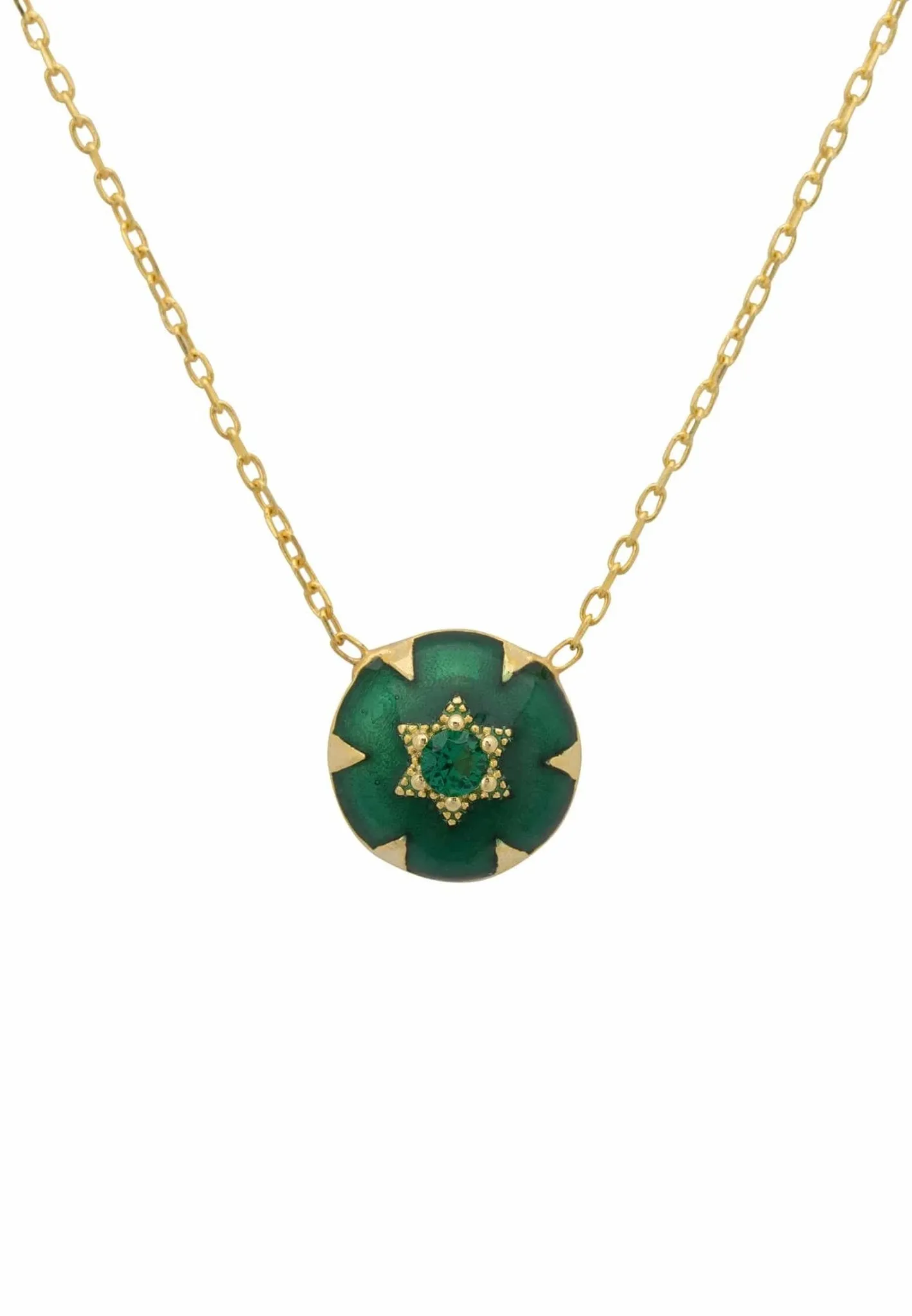 Star of David Pendant Necklace Dipped in Gold with Green Enamel