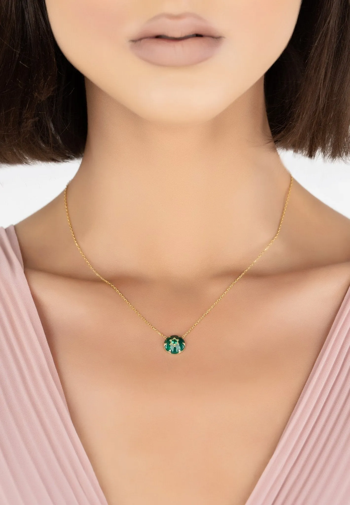 Star of David Pendant Necklace Dipped in Gold with Green Enamel