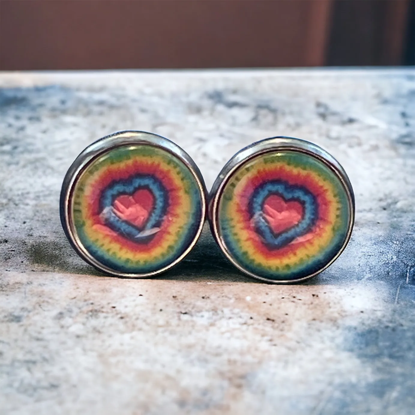 Tie-Dye Heart Silver Stud Earrings: Boho Hippie Chic for Vibrant Style