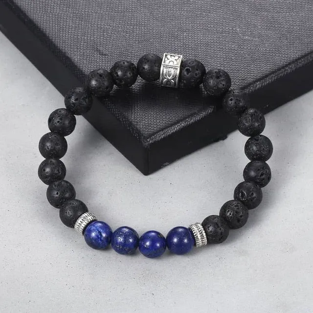 Tiger Eye Stone Bead Bracelet with Cuban Link Chain Bracelet