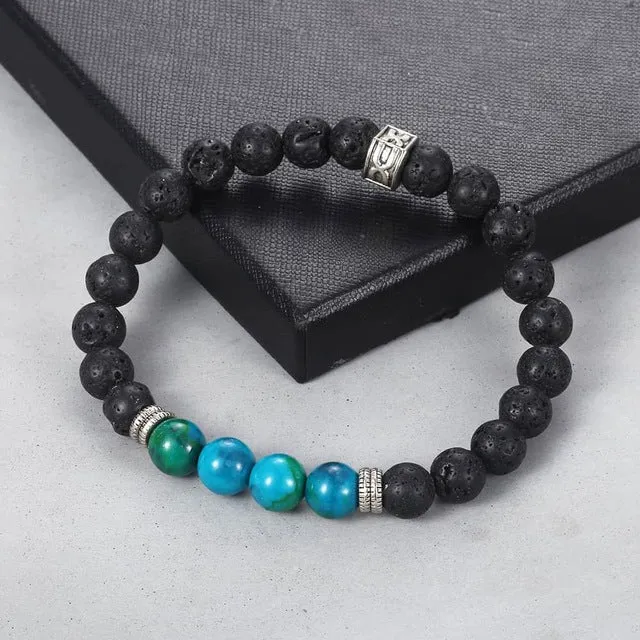 Tiger Eye Stone Bead Bracelet with Cuban Link Chain Bracelet